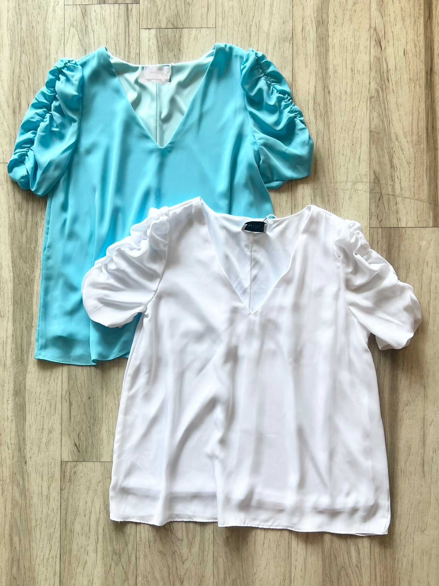 Solid Ruched Sleeve V-Neck Blouse