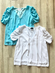 Solid Ruched Sleeve V-Neck Blouse